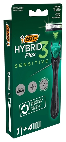 Станок для гоління BIC Flex 3 Hibrid Sensitive з 4 змінними картриджами, чоловічий (3086123644977) - Pampik