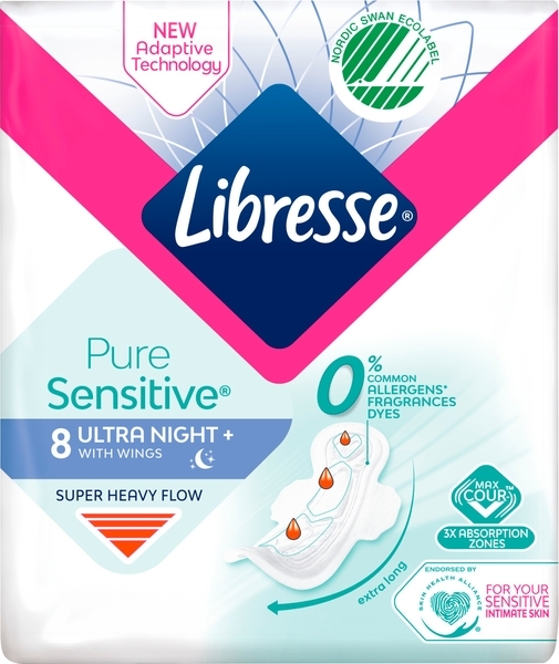 Гігієнічні прокладки Libresse Pure Sensitive Ultra Night, 8 шт. - Pampik