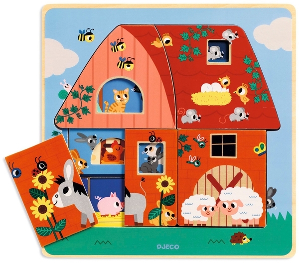 Тришаровий дерев'яний пазл Djeco Ферма, 12 елементів (DJ01482) - Pampik - 3