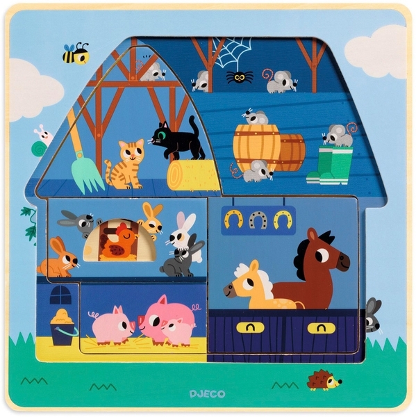 Тришаровий дерев'яний пазл Djeco Ферма, 12 елементів (DJ01482) - Pampik - 4