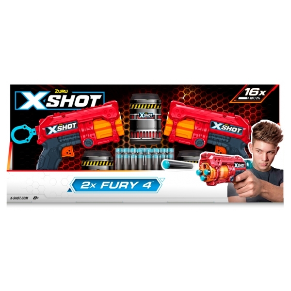 Швидкострільний бластер Zuru X-Shot Red EXCEL FURY 4 2 PK, 3 банки, 16 патронів (36329R) - Pampik