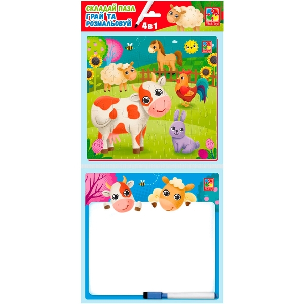 Развивающий набор с пазлами 4в1 Vladi Toys Ферма, укр. язык (VT2002-01) - Pampik