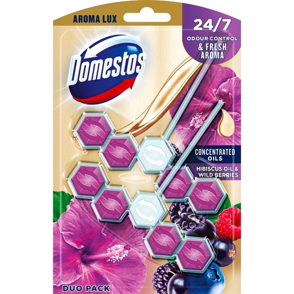 Блок для очистки унитаза Domestos Aroma Lux Свежесть гибискуса и лесных ягод, 2 шт. по 55 г - Pampik