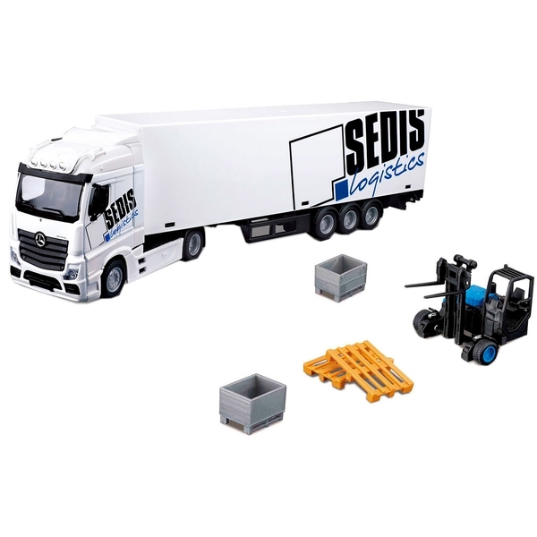 Игровой набор Bburago Фура Mercedes-Benz Actros c погрузчиком, 1:43, белый - Pampik