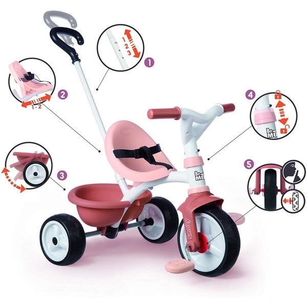 Дитячий металевий велосипед Smoby триколісний 2 в 1 Be Move 68x52x52 см, рожевий (740332) - Pampik - 3