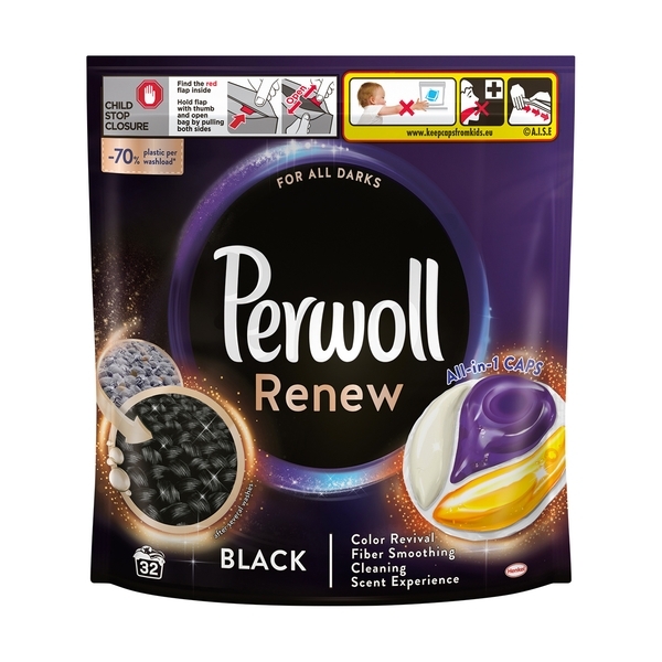 Засіб для делікатного прання Perwoll Renew капсули для темних та чорних речей, 32 шт (9000101575828) - Pampik
