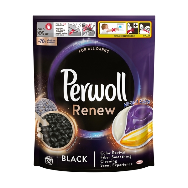 Засіб для делікатного прання Perwoll Renew капсули для темних та чорних речей, 42 шт (9000101575545) - Pampik