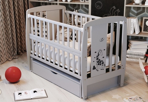 Кровать для новорожденного Дубок Жирафка с ящиком, серый (9800-DJS-07) - Pampik