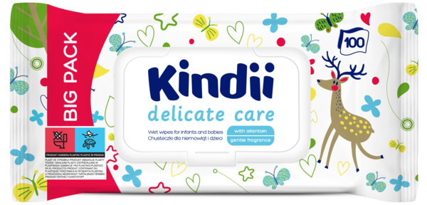 Вологі серветки Kindii Delicate Care для немовлят і дітей, 100 шт (5900095032670) - Pampik