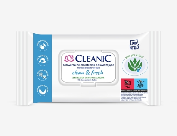 Універсальні освіжаючі вологі серветки Cleanic Clean & Fresh, 200 шт (5900095027645) - Pampik