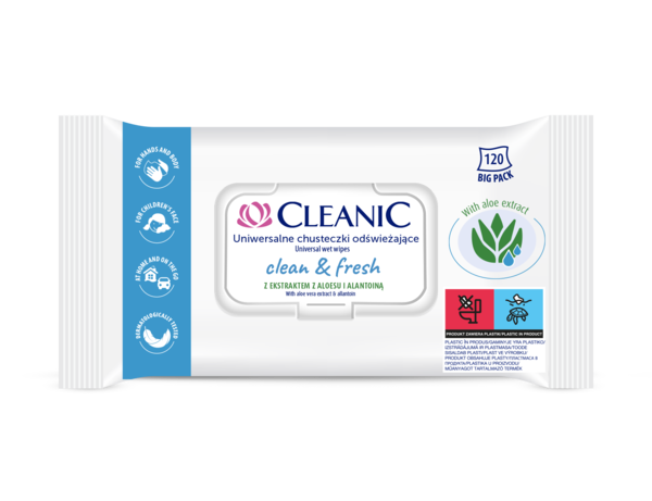 Універсальні освіжаючі вологі серветки Cleanic Clean & Fresh, 120 шт (5900095034094) - Pampik