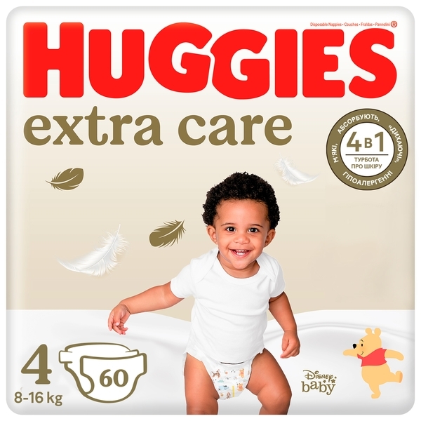 Підгузки на липучках Huggies Extra Care 4 (8-16 кг), 60 шт. - Pampik