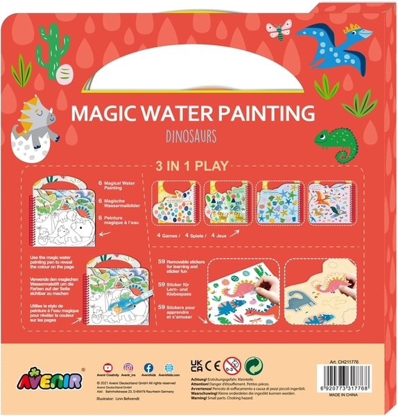 Набір для творчості 3в1 Avenir багаторазова водна розмальовка Динозаври, 6 аркушів (CH211776) - Pampik - 2