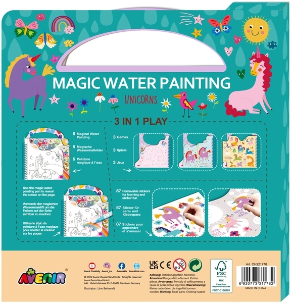 Набір для творчості 3в1 Avenir багаторазова водна розмальовка Єдиноріжки, 6 аркушів (CH221778) - Pampik - 2
