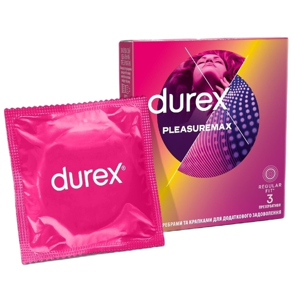 Презервативи латексні з силіконовою змазкою Durex Pleasuremax з ребрами та точками, 3 шт. - Pampik
