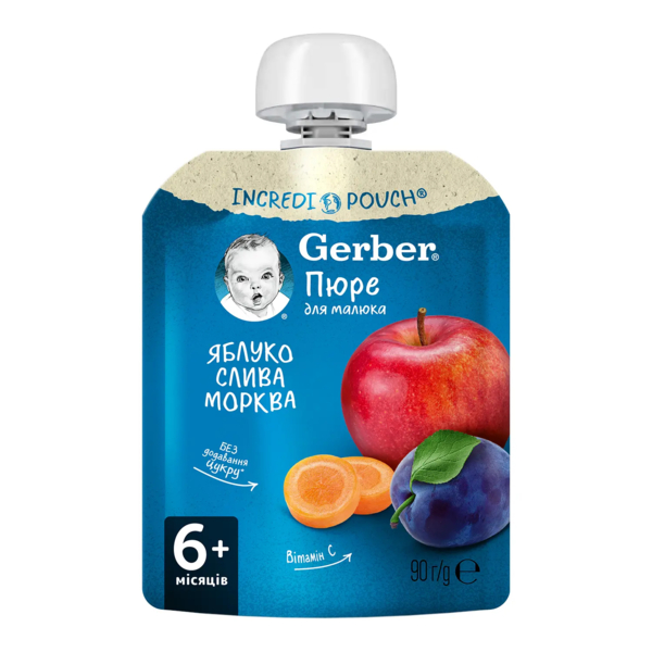 Пюре Gerber Pouch Яблуко, слива і морква, 90 г - Pampik