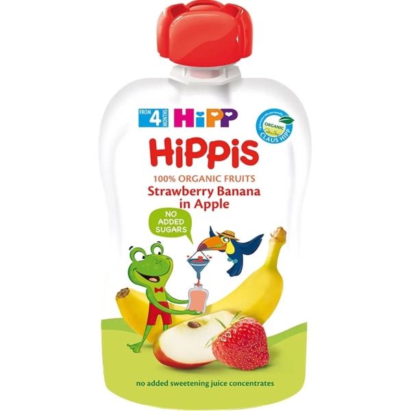 Набір органічних фруктових пюре HiPP HiPPiS Pouch Яблуко-полуниця-банан, 600 г (6 упаковок по 100 г) - Pampik - 2
