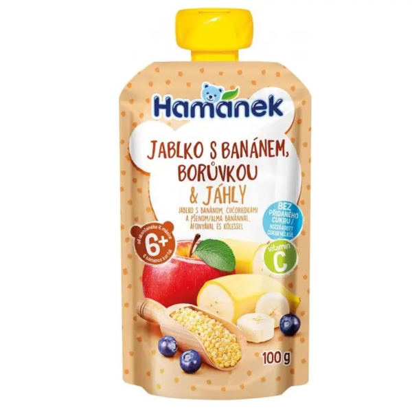 Пюре Hamanek Яблоко, бананы, черника и пшено, 100 г - Pampik