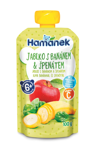Пюре Hamanek Pouch Яблоко с бананом и шпинатом, 100 г - Pampik