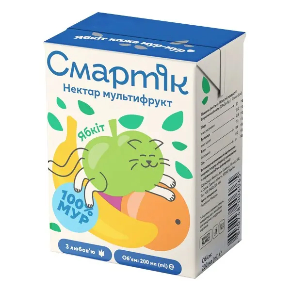 Мультифрукт Смартік з м'якоттю та цукром, гомогенізований та стерилізований, 200 мл - Pampik