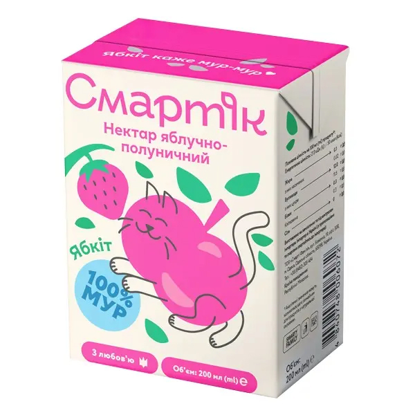 Нектар Смартік Яблучно-полуничний з м'якоттю та цукром, гомогенізований та стерилізований, 200 мл - Pampik