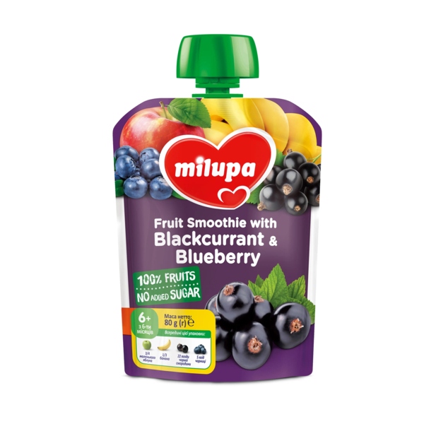 Фруктове пюре Milupa Pouch Яблуко, банан, чорна смородина та чорниця, 80 г - Pampik