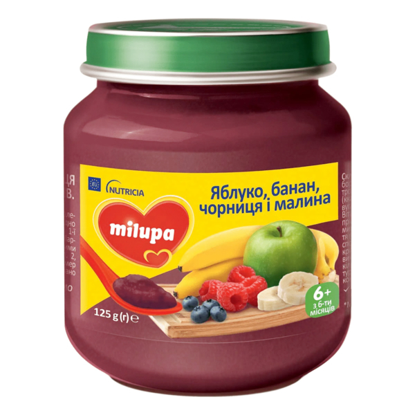Фруктовое пюре Milupa Яблоко-Банан-Черника-Малина, 125 г - Pampik