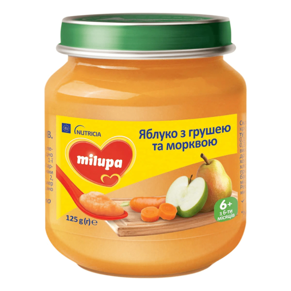 Фруктове пюре Milupa Яблуко-Груша-Морква, 125 г - Pampik