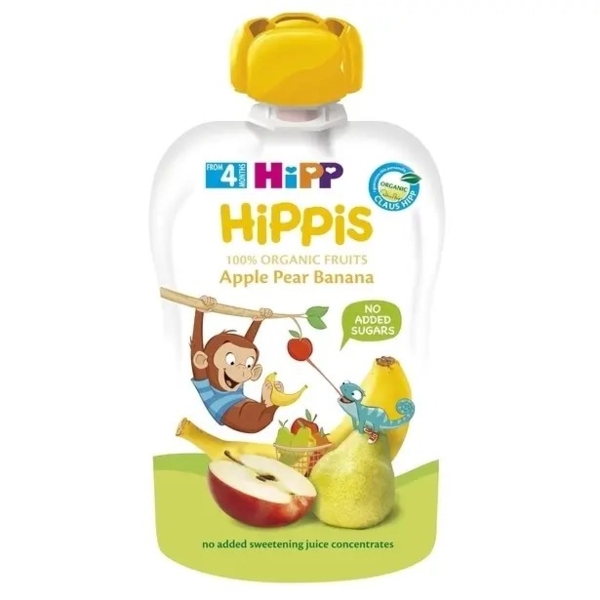 Органічне фруктове пюре HiPP HiPPiS Pouch Яблуко-груша-банан, 100 г - Pampik - 2