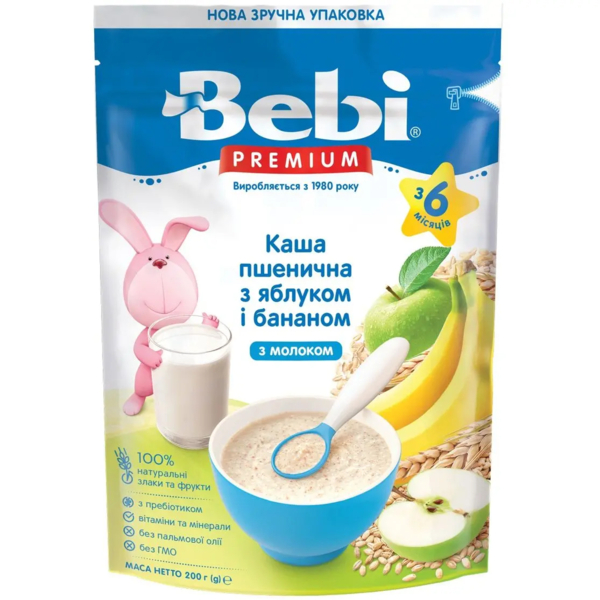 Молочна каша Bebi Premium Пшенична з яблуком та бананом, 200 г - Pampik