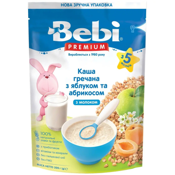 Молочна каша Bebi Premium Гречана з яблуком та абрикосом, 200 г - Pampik