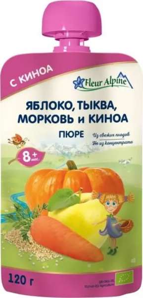 Фруктово-овощное пюре Fleur Alpine Яблоко-Морковь-Тыква с Киноа, 120 г - Pampik