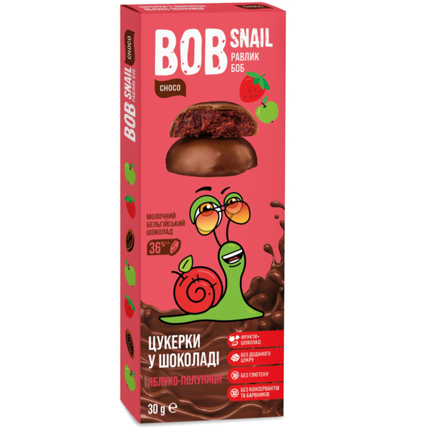 Яблучно-полуничні цукерки Bob Snail у молочному шоколаді, 30 г - Pampik
