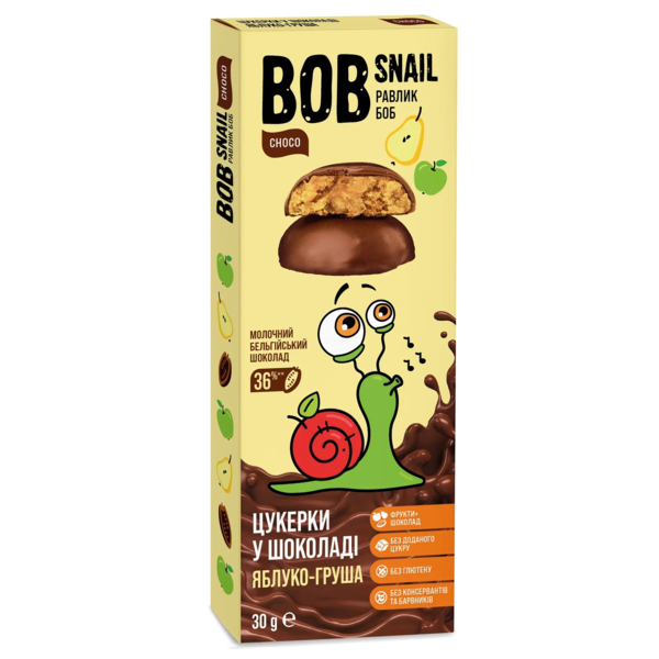 Натуральні цукерки Bob Snail Яблуко-груша у молочному шоколаді, 30 г - Pampik