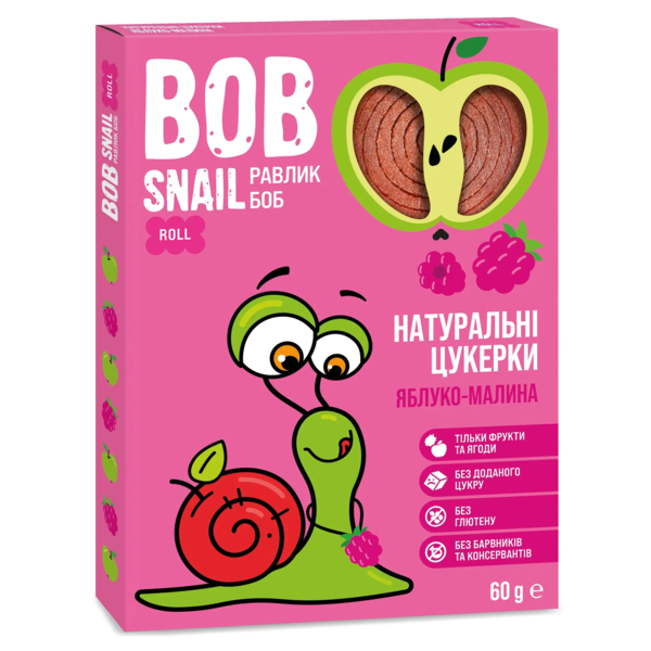 Натуральні цукерки Bob Snail Равлик Боб Яблуко та Малина, 60 г - Pampik