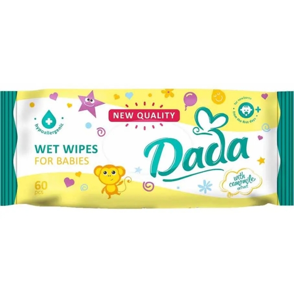Дитячі вологі серветки Dada з ромашкою, гіпоалергенні, 60 шт. - Pampik