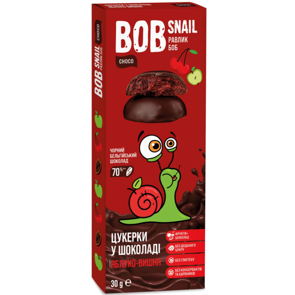 Яблучно-вишневі цукерки Bob Snail у чорному шоколаді, 30 г - Pampik