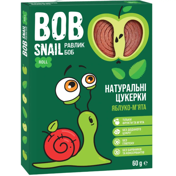 Фруктові цукерки яблучні Bob Snail з м'ятою, 60 г - Pampik