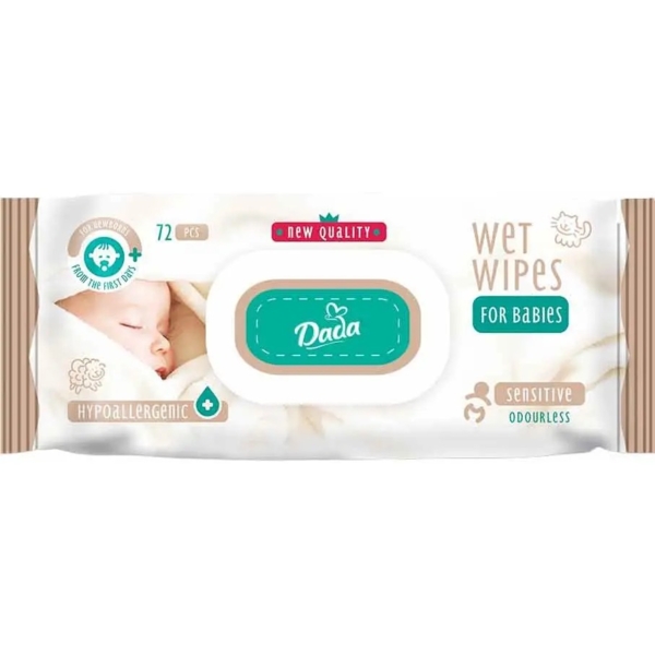 Дитячі вологі серветки Dada Sensetive, без запаху, з клапаном, 72 шт. - Pampik