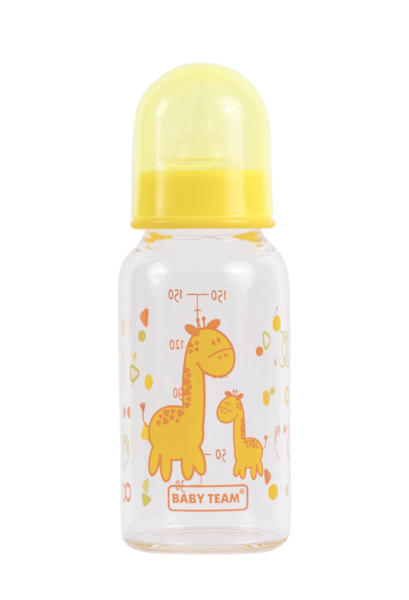 Пляшечка для годування Baby Team, скляна з силіконовою соскою, 150 мл, жовтий (1200) - Pampik