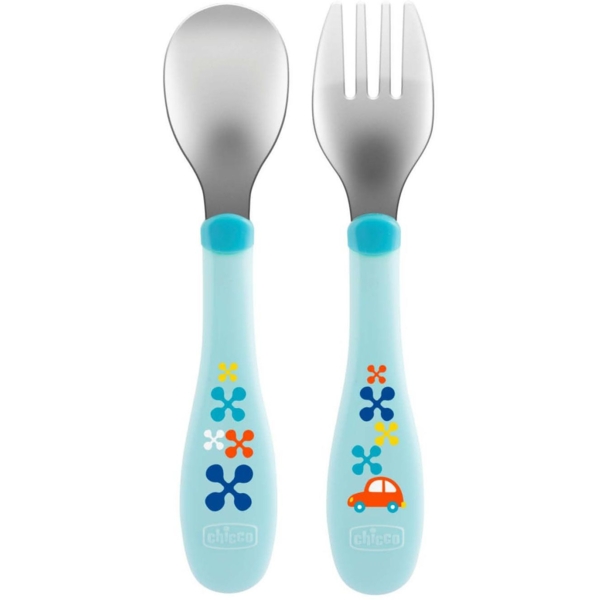 Набір Chicco: ложка і виделка, з нержавіючої сталі, 18м +, синій (16102.20.00) - Pampik