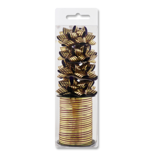 Упаковочный набор Offtop, оберточная лента 10 м и бантик 4 шт., золотой (832968) - Pampik