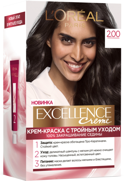 Краска для волос L’Oréal Paris Excellence Creme, тон 2.00, темно-коричневый, 176 мл - Pampik