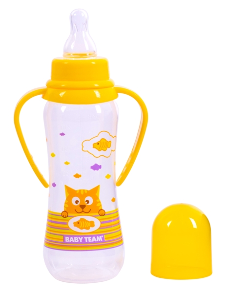 Пляшечка для годування Baby Team, з ручками і силіконовою соскою, 250 мл, жовтий (1411_жовтий) - Pampik - 2