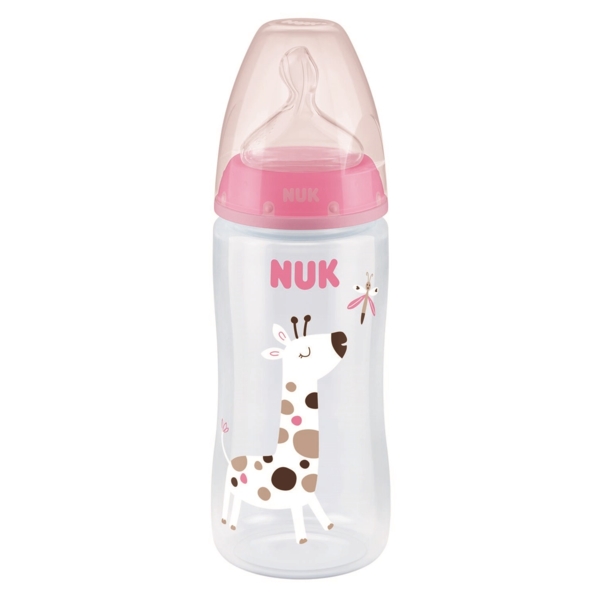 Бутылочка для кормления NUK First Choice Plus Жираф, c силиконовой соской, 300 мл, розовый (3952395) - Pampik