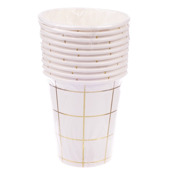 Набор стаканов одноразовых Offtop, 250 мл, белый с золотом в клетку, 6 шт. (833632) - Pampik