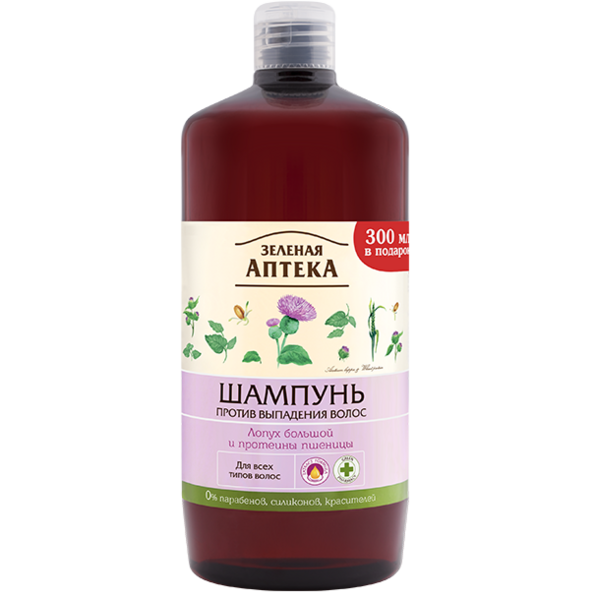 Шампунь Зеленая Аптека против выпадения волос Лопух и протеины пшеницы, 1000 мл - Pampik