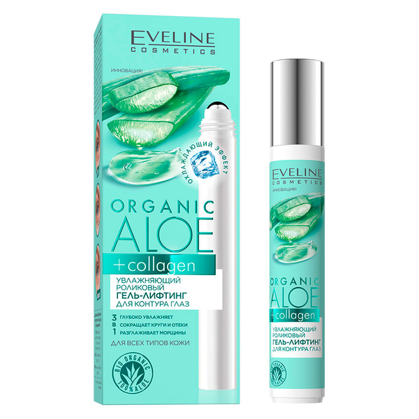 Зволожуючий роликовий гель-ліфтинг для контуру очей Eveline Organic Aloe + Collagen, 15 мл (B15ACRO) - Pampik