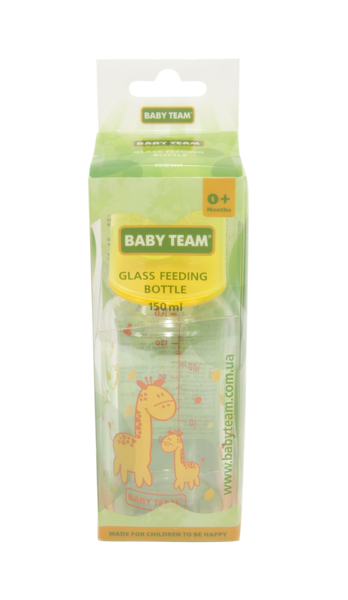 Пляшечка для годування Baby Team, скляна з силіконовою соскою, 150 мл, жовтий (1200) - Pampik - 2