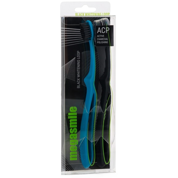 Зубная щетка Megasmile Black Whitening Loop средняя черная с голубым 2 шт. - Pampik